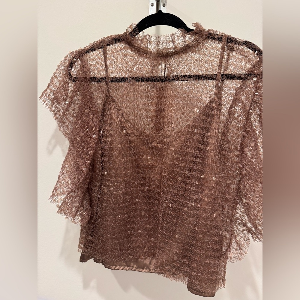 New! Zara Pink Sequin Flutter Sleeve Blouse